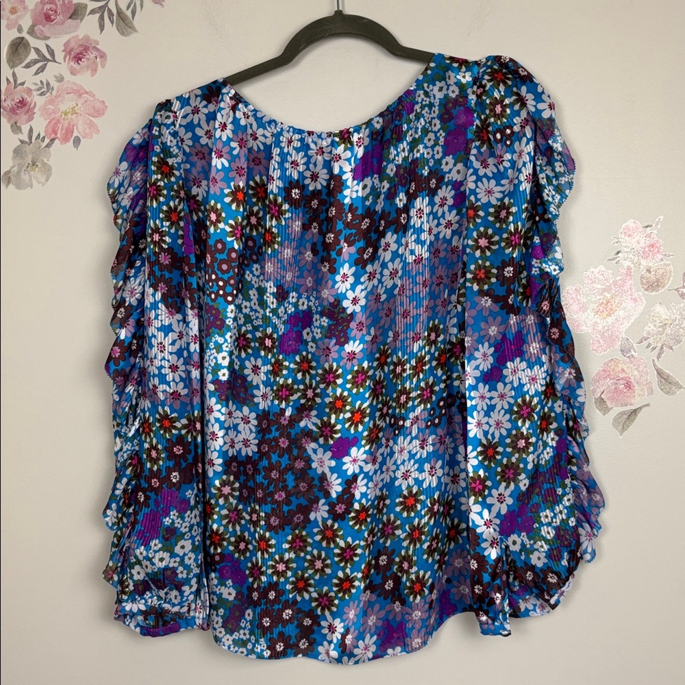 Kate Spade NY Floral Ruffle Blue and Purple 100% Silk Women's Top - M - Picture 9 of 9